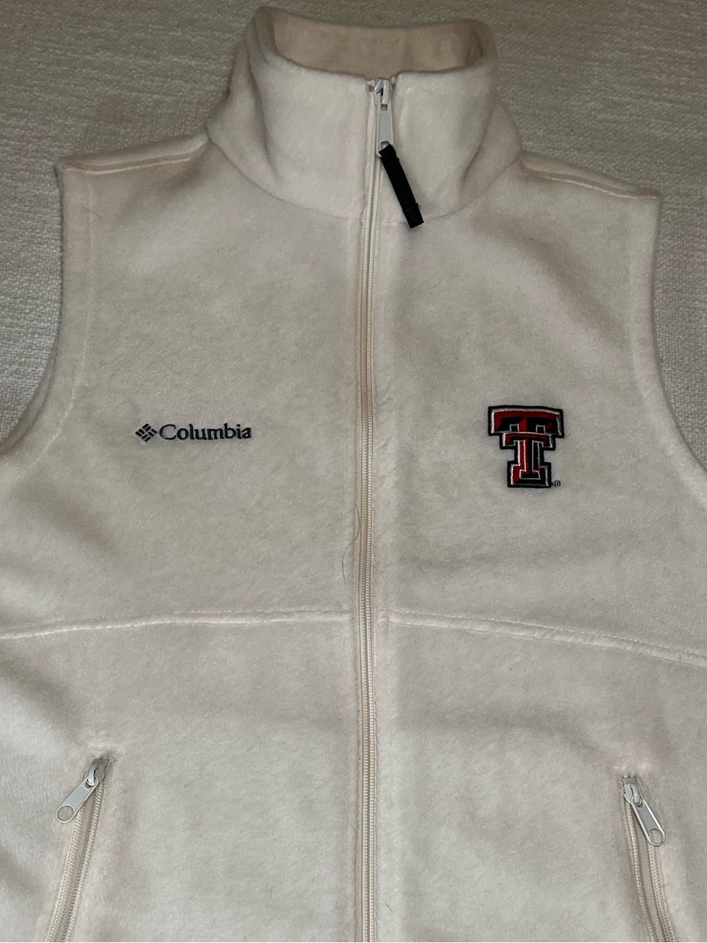 Columbia Women Small Fleece Vest Texas Tech Red Raiders White Full Zip Size EUC